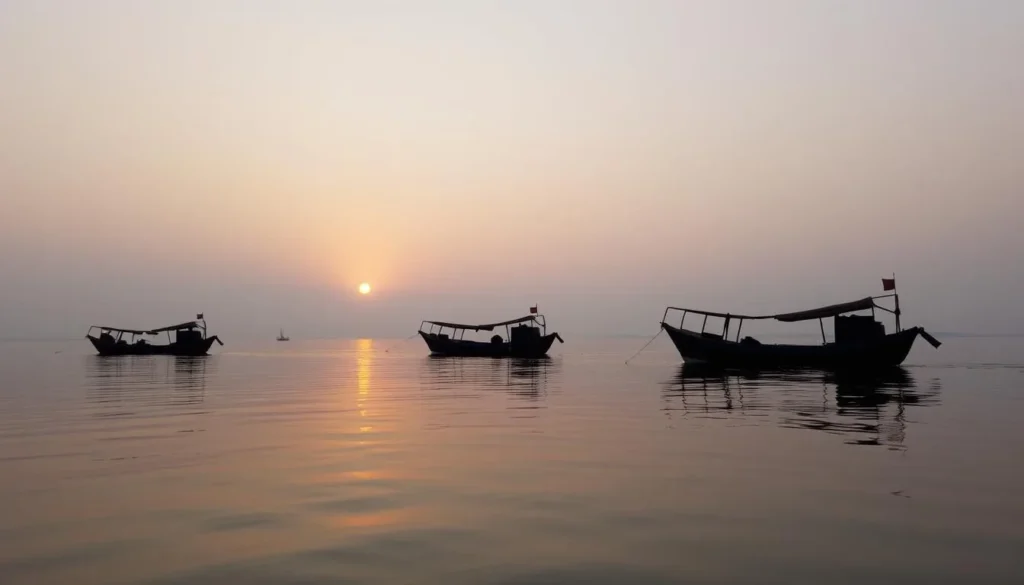 Chilika Lake at sunrise with fishermen in traditional boats