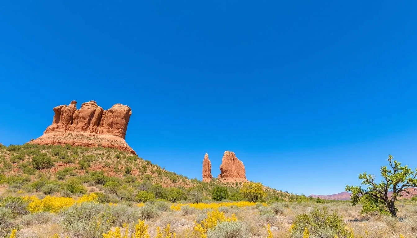 Chimney Rock Archaeological Area Colorado in summer with clear blue skies and vibrant landscape