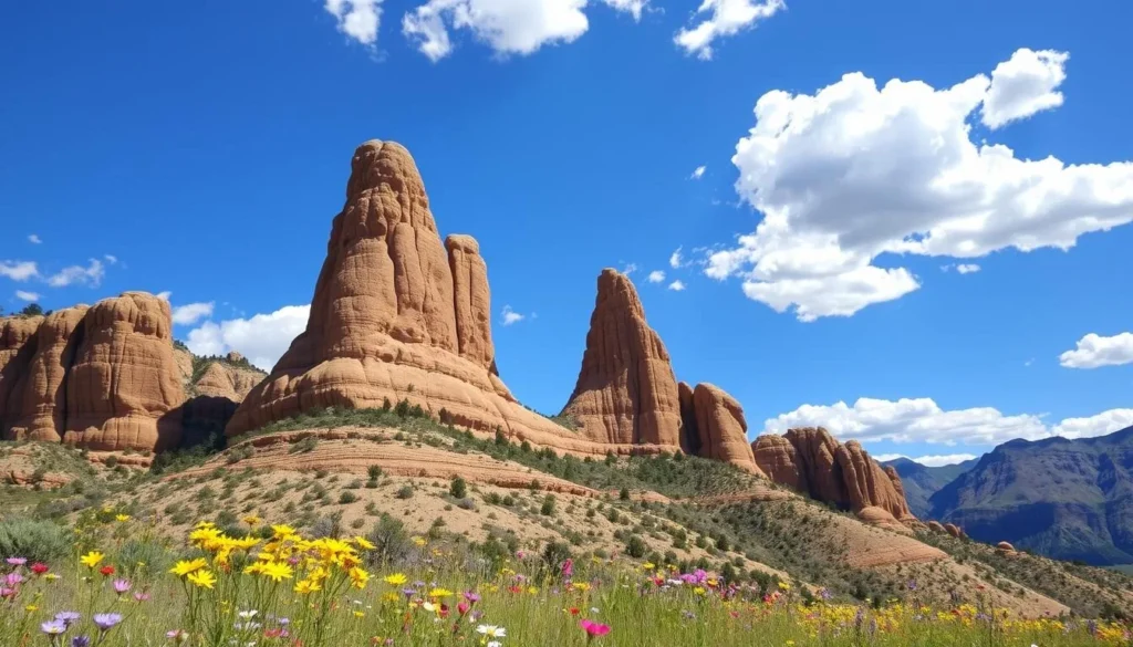 Chimney Rock National Monument in summer with wildflowers blooming and clear blue skies Chimney Rock National Monument in summer with wildflowers blooming and clear blue skies
