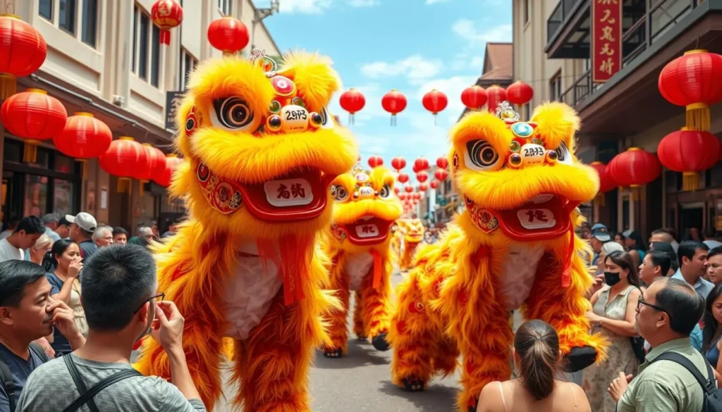 Chinese New Year celebration with lion dancers in Chinatown Honolulu