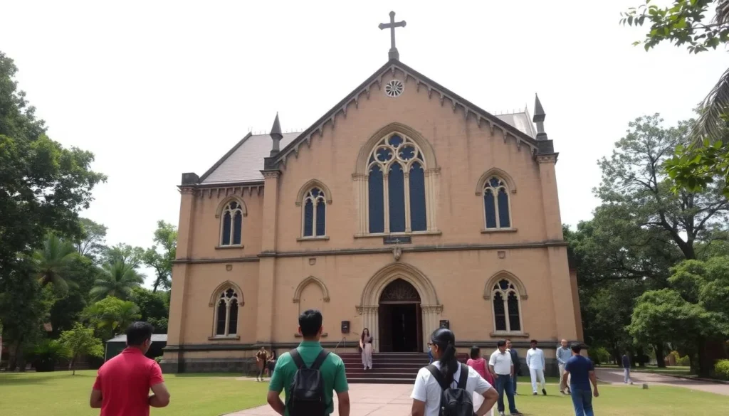 Christ Church in Pachmarhi showcasing Gothic architecture with stained glass windows and peaceful surroundings
