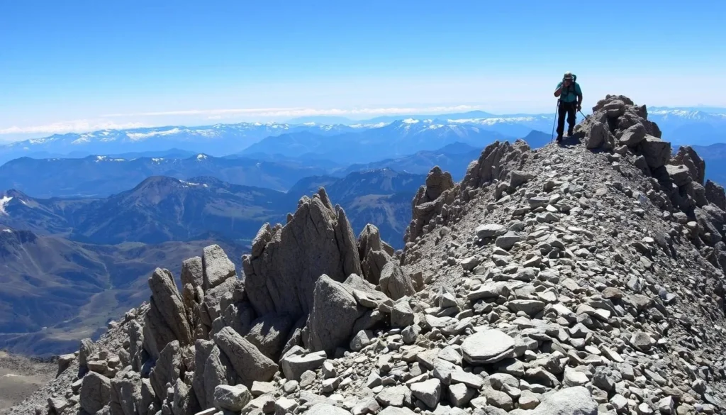 Climber ascending the rocky terrain of El Diente Peak with panoramic views of the San Juan Mountains Climber ascending the rocky terrain of El Diente Peak with panoramic views of the San Juan Mountains
