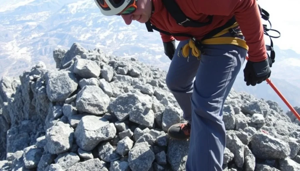 Climber wearing safety gear including helmet while navigating rocky terrain on El Diente Peak Climber wearing safety gear including helmet while navigating rocky terrain on El Diente Peak
