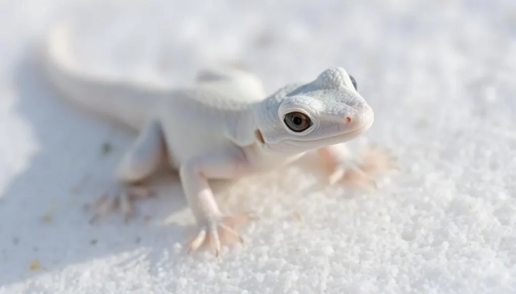 Close-up of a bleached earless lizard (white variety) on white sand, showing its unique adaptation to the White Sands environment Close-up of a bleached earless lizard (white variety) on white sand, showing its unique adaptation to the White Sands environment