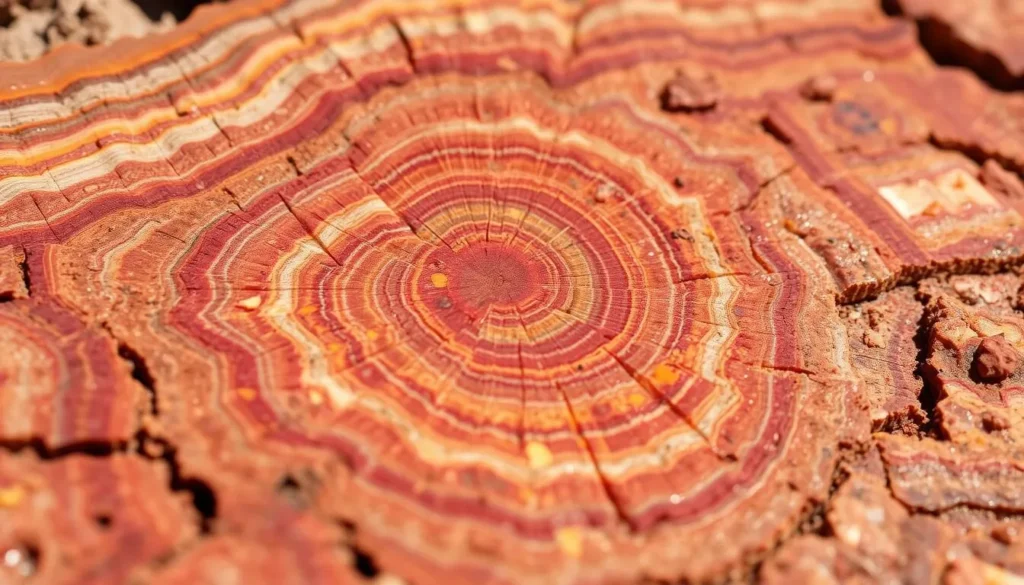 Close-up of colorful petrified wood showing crystallized patterns and vibrant mineral colors Close-up of colorful petrified wood showing crystallized patterns and vibrant mineral colors