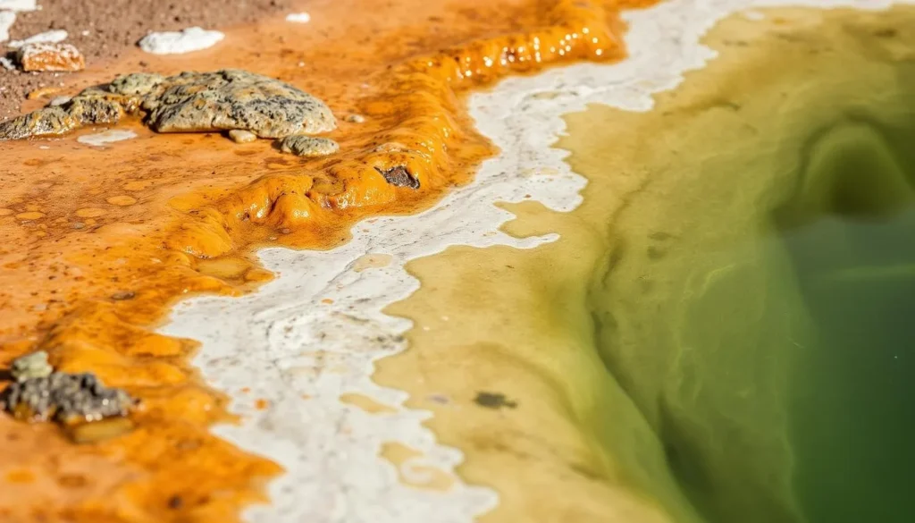 Close-up of mineral deposits and colorful algae formations at Turkey Creek Hot Springs, New Mexico