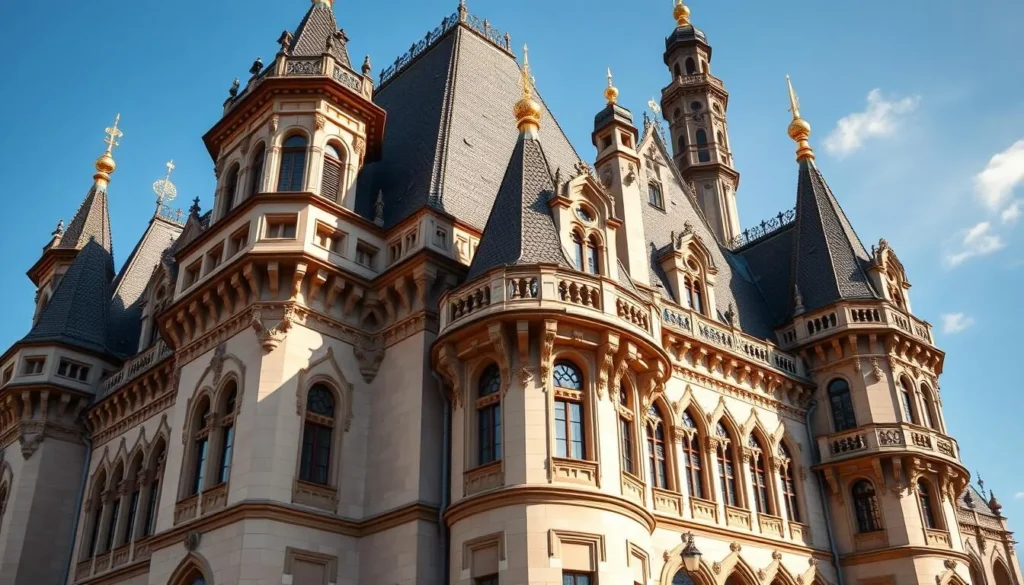 Close-up view of Schwerin Castle showing its ornate Neo-Renaissance architecture with multiple towers and turrets
