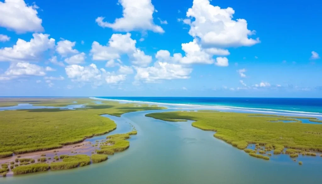 Coastal Louisiana landscape with marshes and waterways leading toward Shell Keys National Wildlife Refuge