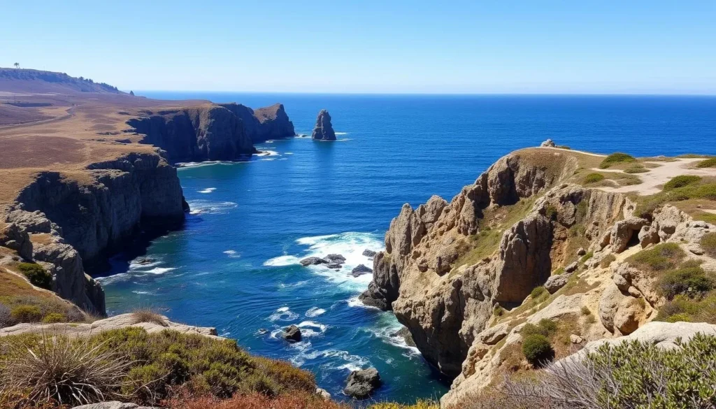 Coastal view near Mendocino showing rugged cliffs and ocean Coastal view near Mendocino showing rugged cliffs and ocean