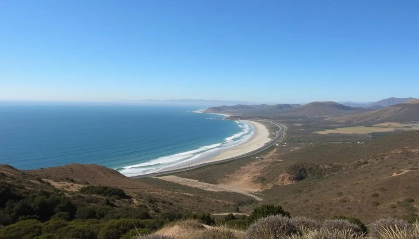 Coastal-view-of-Schooner-Gulch-State-Beach-California-with-Highway-1-visible-in-the-distance Coastal view of Schooner Gulch State Beach California with Highway 1 visible in the distance
