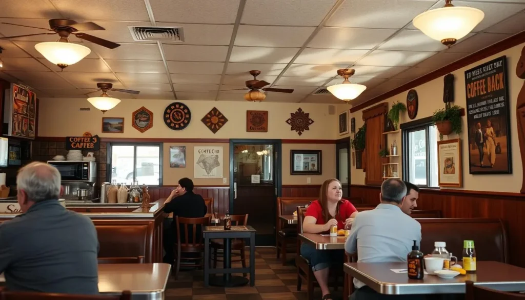 Coffee Cup Cafe interior with diners enjoying breakfast Coffee Cup Cafe interior with diners enjoying breakfast