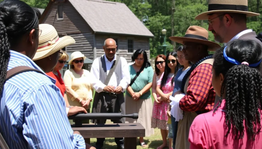 Colonial crafts demonstration at Washington Crossing Historic Park with diverse visitors watching