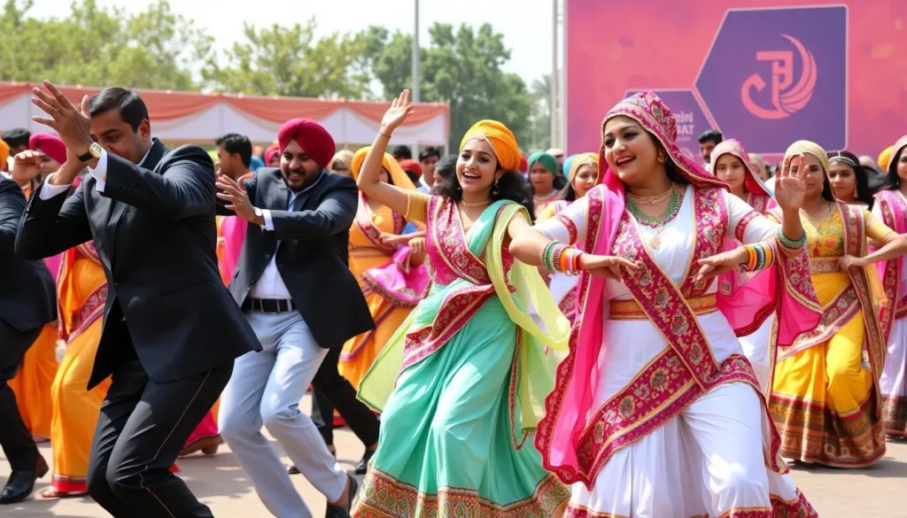 Colorful Bhangra dancers performing at a Punjabi cultural festival