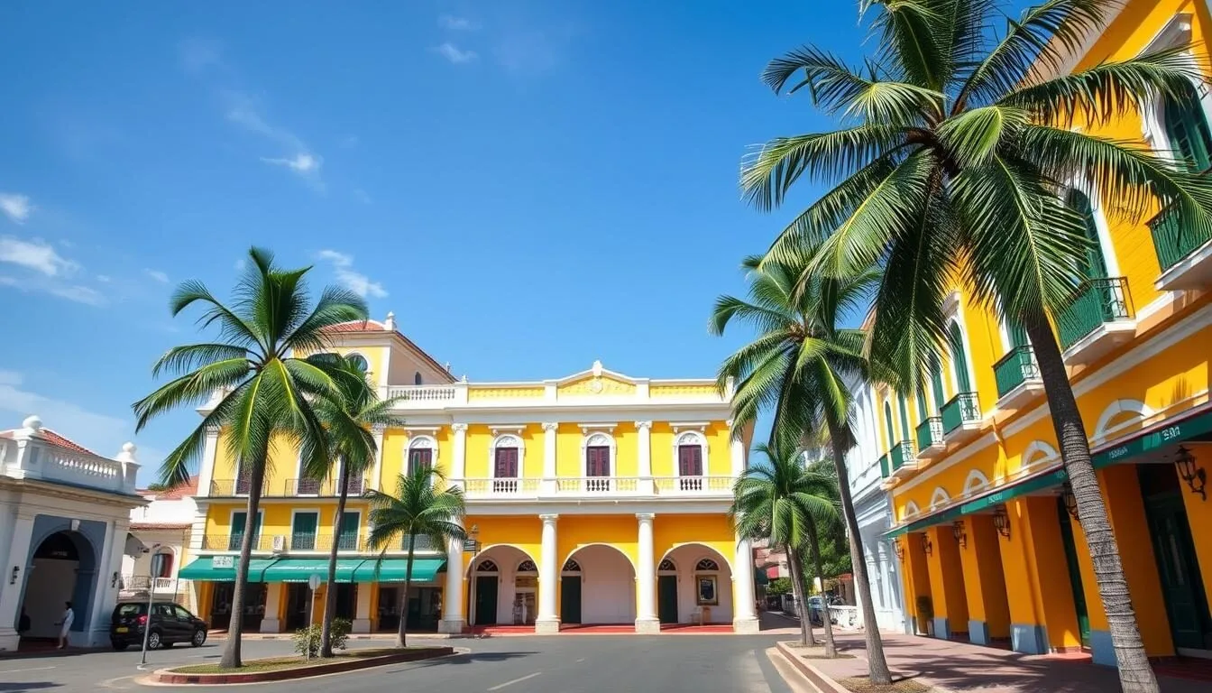Colorful French colonial buildings in Pondicherry with palm trees and blue sky