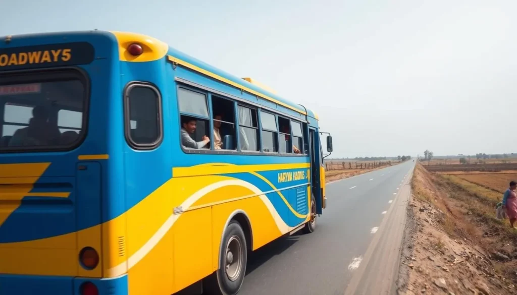 Colorful Haryana Roadways bus traveling through a rural road with passengers Colorful Haryana Roadways bus traveling through a rural road with passengers