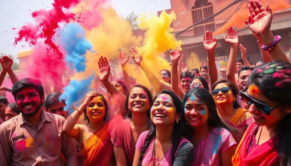 Colorful Holi festival celebration in India with people throwing vibrant colored powders