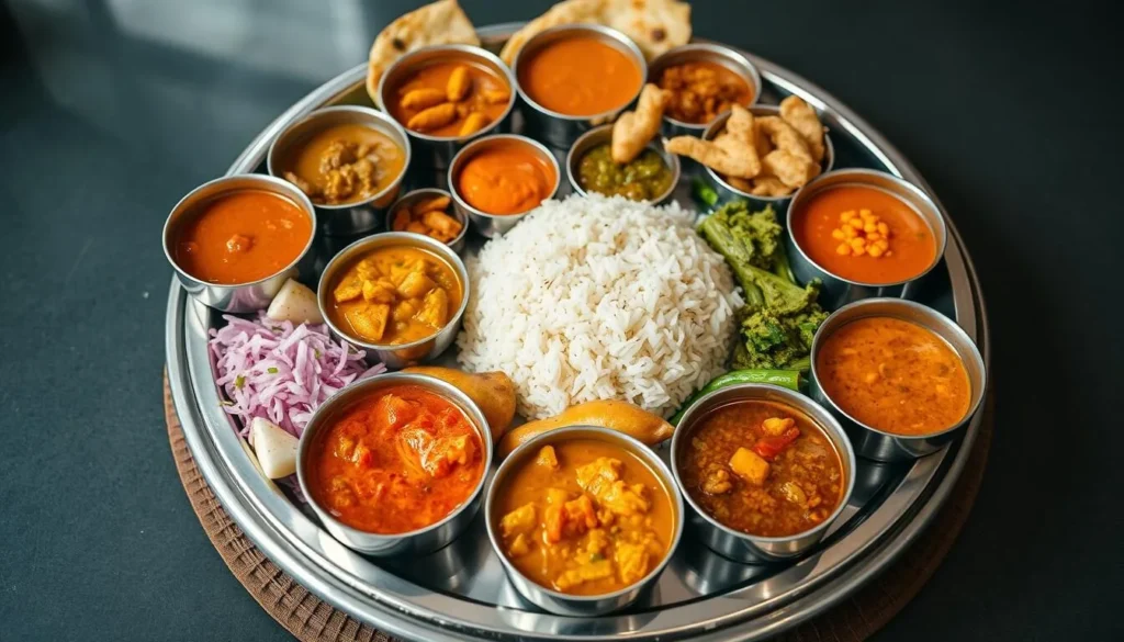 Colorful Indian thali meal with various dishes, breads, rice and condiments