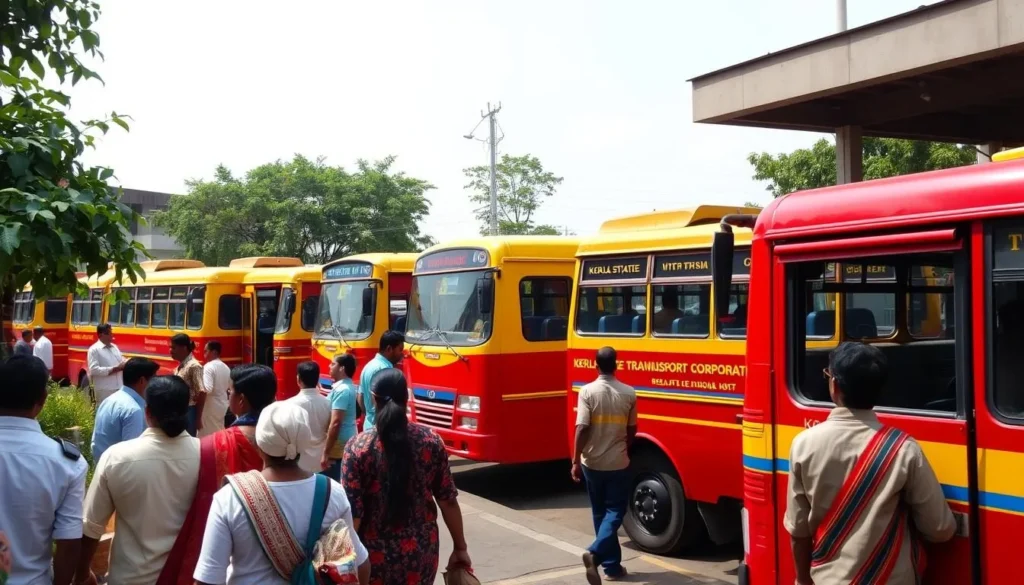 Colorful Kerala State Road Transport Corporation buses at a station with passengers boarding