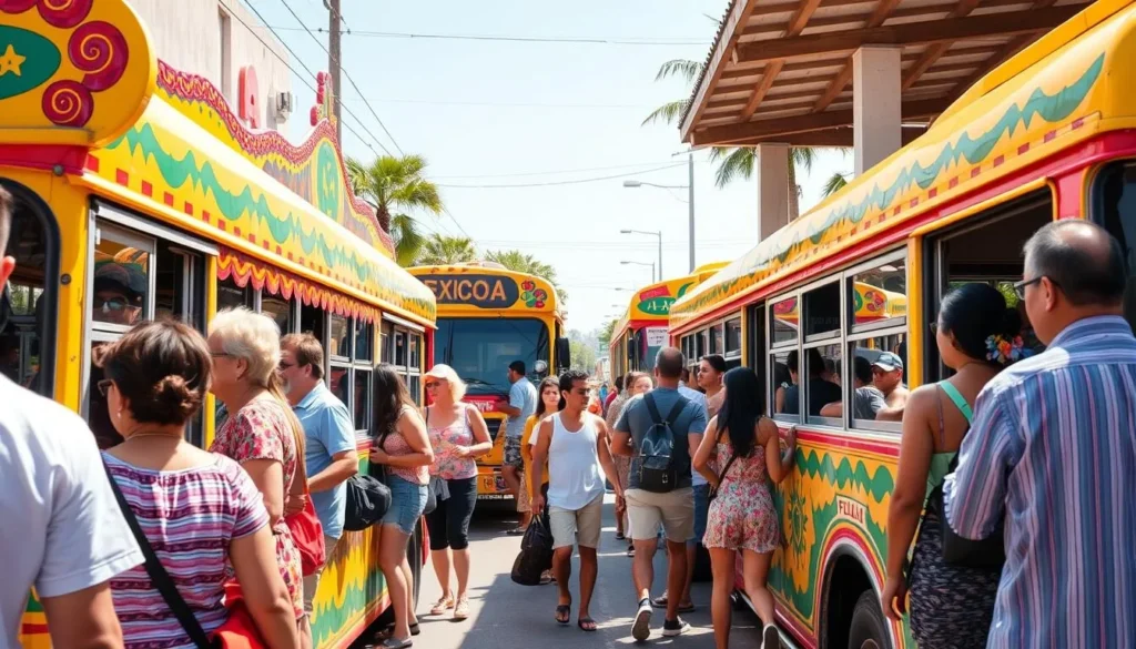 Colorful Mexican buses at a station with passengers boarding