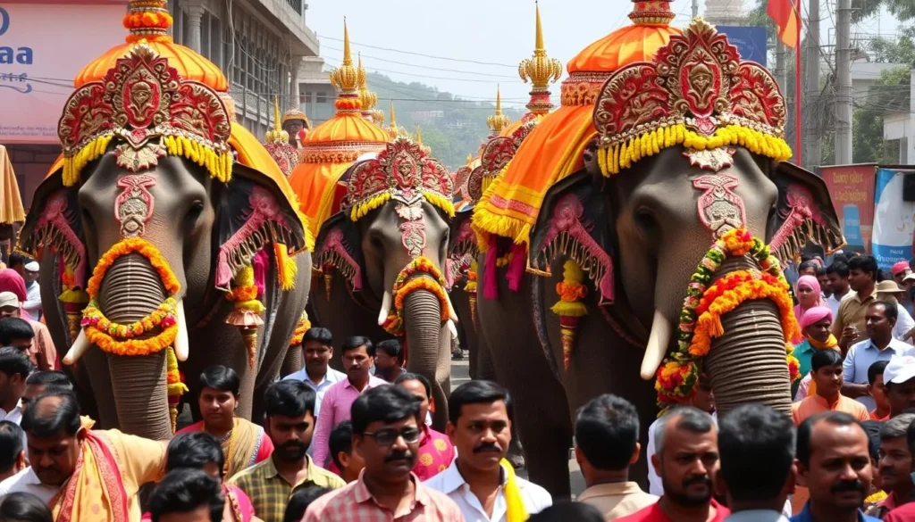 Colorful Mysuru Dasara festival procession with decorated elephants and performers, Karnataka India best things to do
