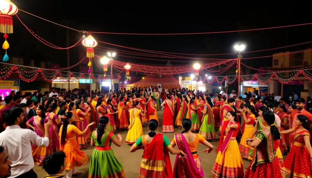 Colorful Navratri celebrations in Gandhinagar with traditional Garba dancers in circular formation Colorful Navratri celebrations in Gandhinagar with traditional Garba dancers in circular formation