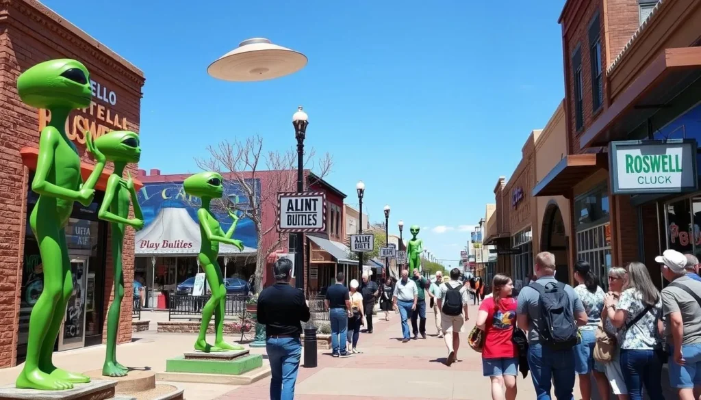 Colorful alien-themed street art and statues along Main Street in downtown Roswell Colorful alien-themed street art and statues along Main Street in downtown Roswell