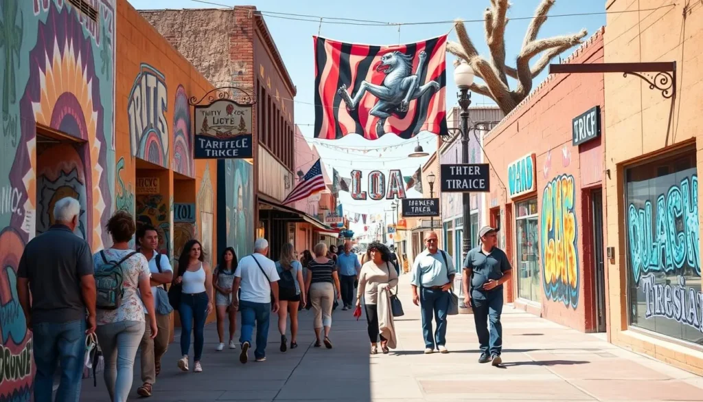 Colorful art murals in downtown Truth or Consequences with diverse visitors exploring Colorful art murals in downtown Truth or Consequences with diverse visitors exploring
