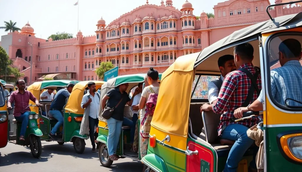 Colorful auto-rickshaws lined up in front of Hawa Mahal in Jaipur with tourists boarding