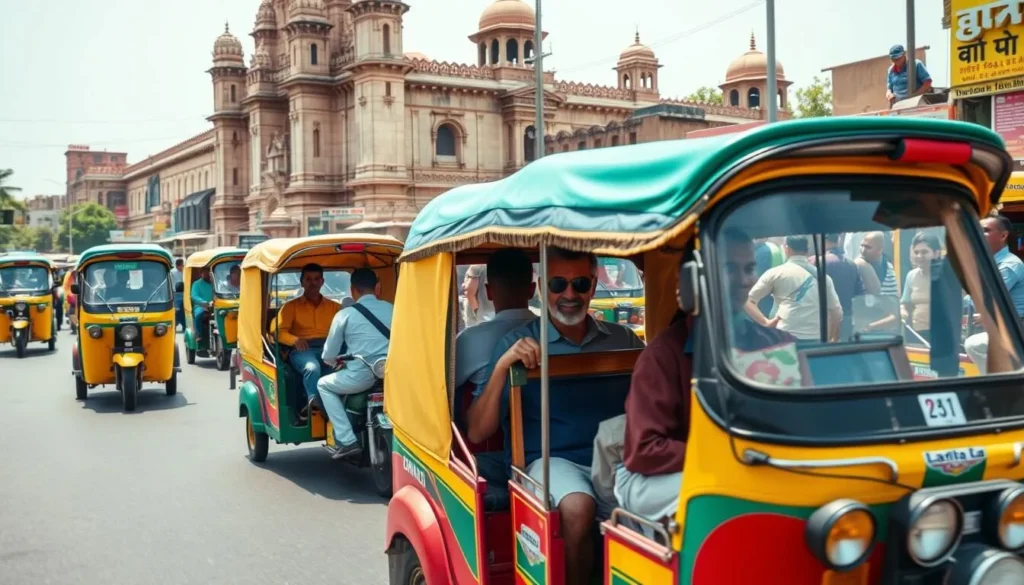 Colorful auto-rickshaws navigating through a busy street in India with historic architecture in background