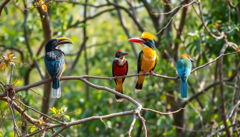 Colorful birds perched on branches in Bandhavgarh National Park