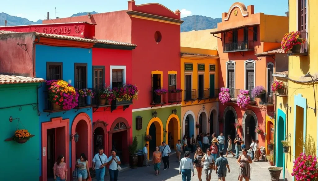 Colorful buildings in Atlixco with flowers and mountain backdrop