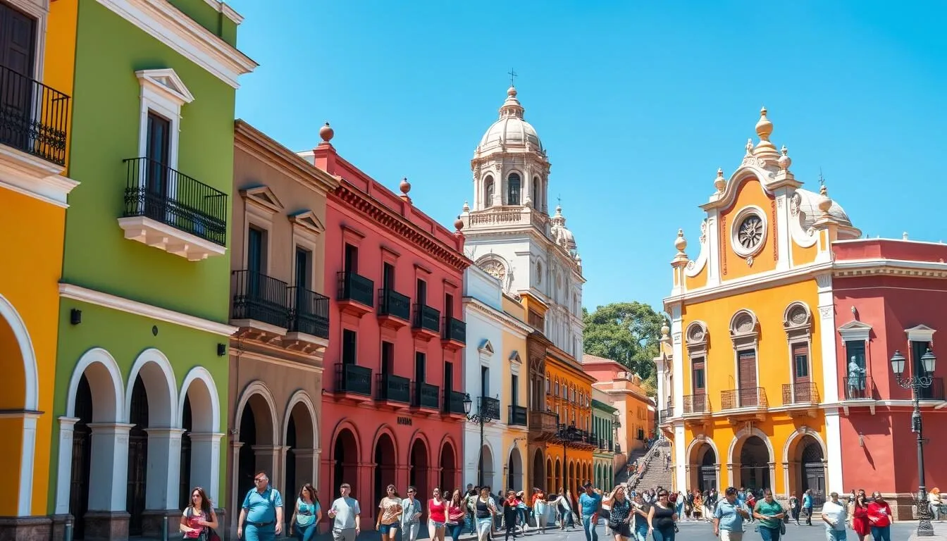 Colorful colonial buildings in Puebla's historic center with the cathedral visible in the background