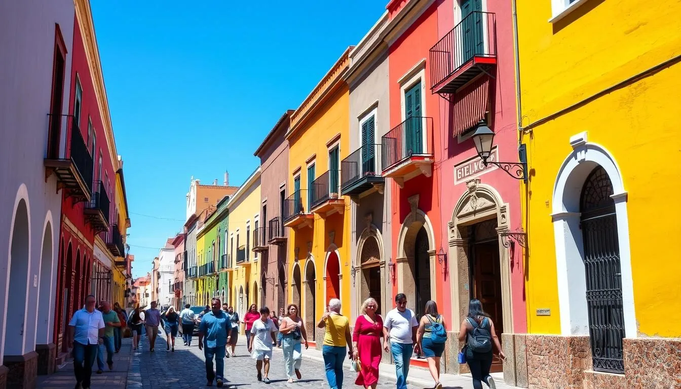 Colorful colonial buildings in San Miguel de Allende, Mexico with people walking along cobblestone streets