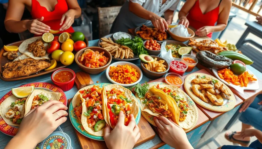 Colorful display of Mexican street food in Sayulita including tacos, fresh seafood, and tropical fruits