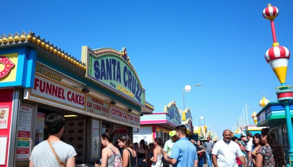 Colorful food stands at Santa Cruz Beach Boardwalk offering classic treats like funnel cakes and corn dogs Colorful food stands at Santa Cruz Beach Boardwalk offering classic treats like funnel cakes and corn dogs