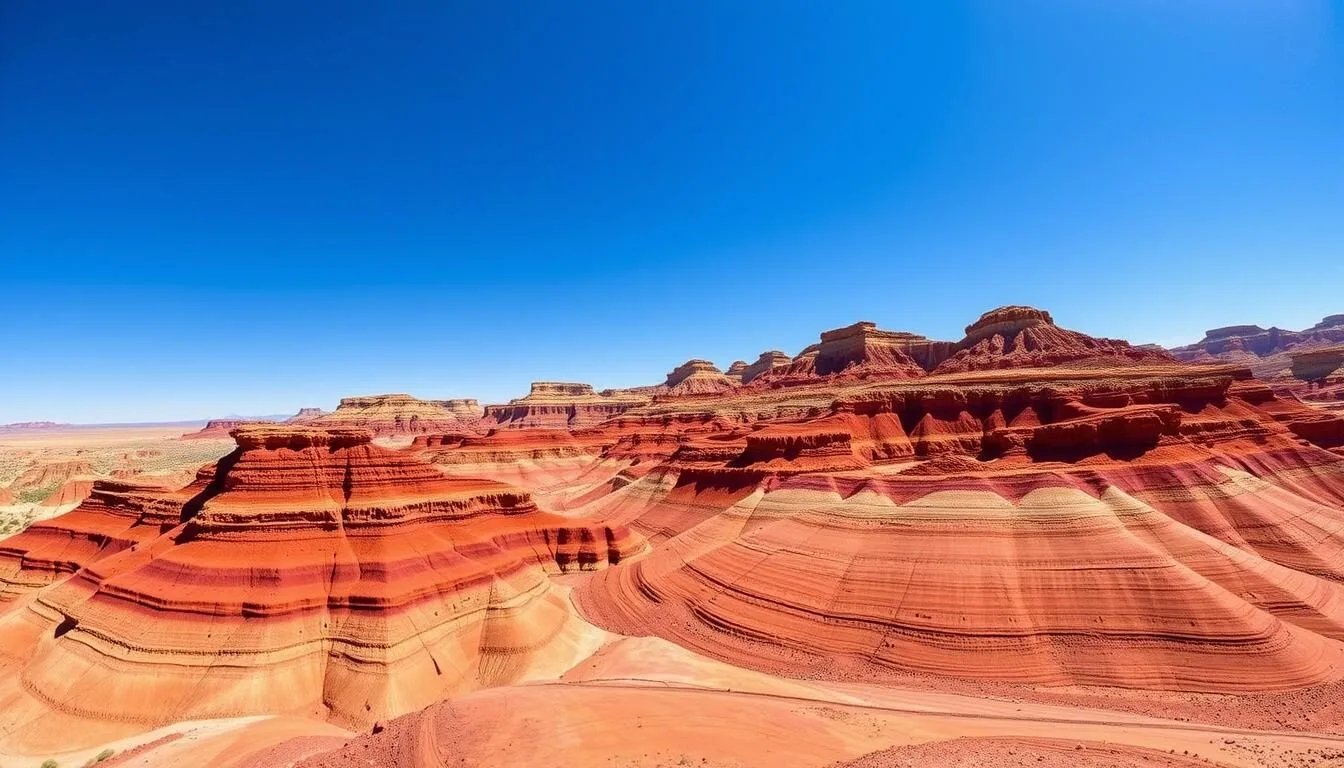 Colorful-landscape-of-the-Painted-Desert-with-layered-rock-formations-in-red-orange-and-purple Colorful landscape of the Painted Desert with layered rock formations in red, orange and purple hues under a blue sky