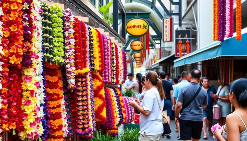 Colorful lei stands on Maunakea Street in Chinatown Honolulu
