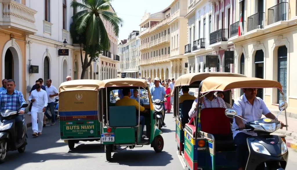 Colorful local transportation options in Panaji including auto rickshaws