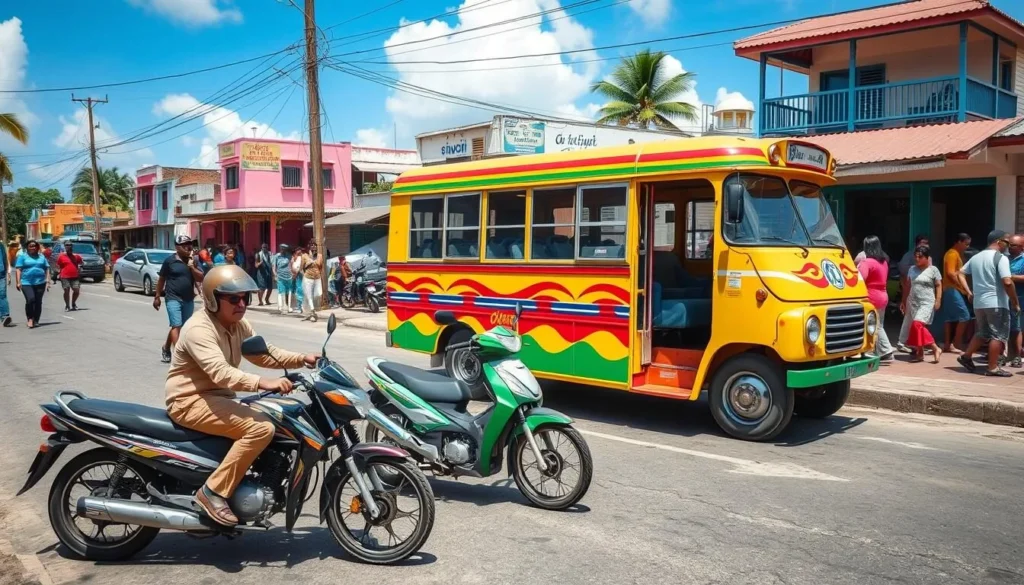 Colorful local transportation options in Samana town with motoconchos and guaguas