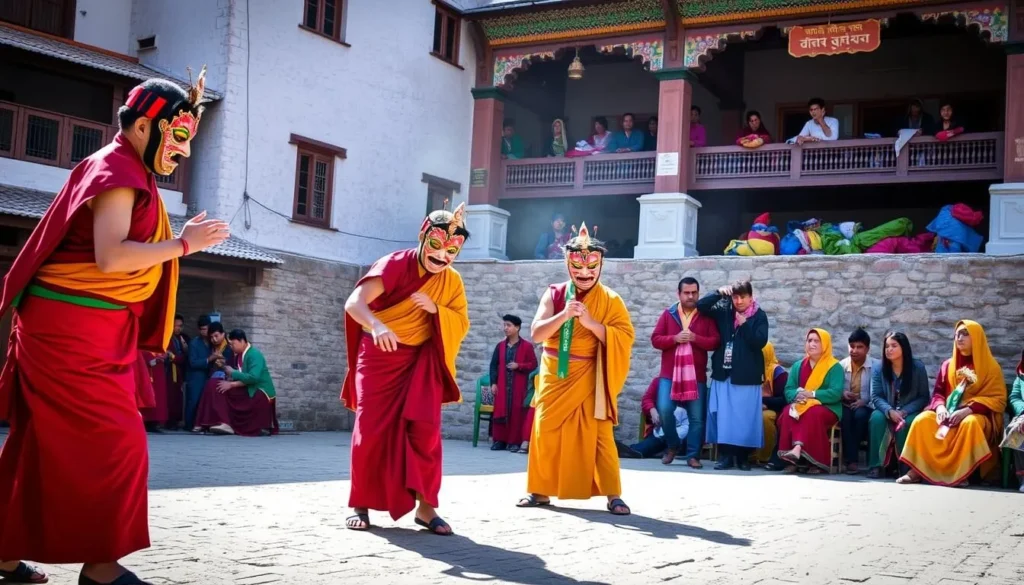 Colorful masked dancers performing at a traditional Ladakhi monastery festival Colorful masked dancers performing at a traditional Ladakhi monastery festival