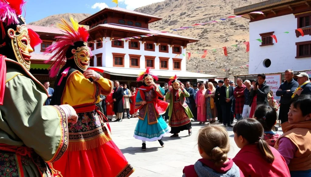 Colorful masked dancers performing at a traditional Ladakhi monastery festival with spectators and monastery buildings in background Colorful masked dancers performing at a traditional Ladakhi monastery festival with spectators and monastery buildings in background