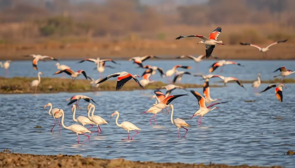 Colorful migratory birds at Sultanpur Bird Sanctuary during winter season Colorful migratory birds at Sultanpur Bird Sanctuary during winter season