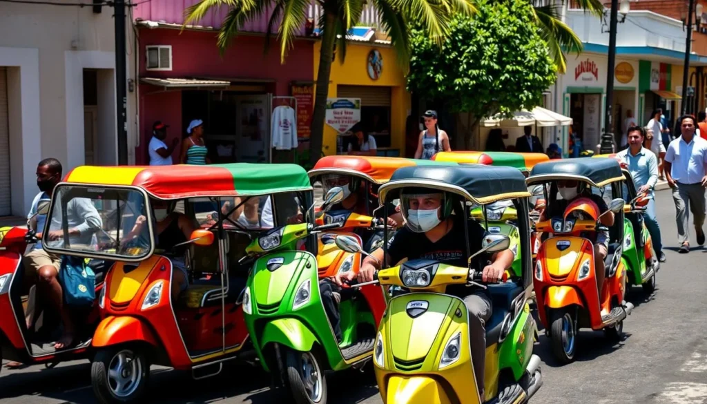 Colorful mototaxis lined up on a street in Las Terrenas town center