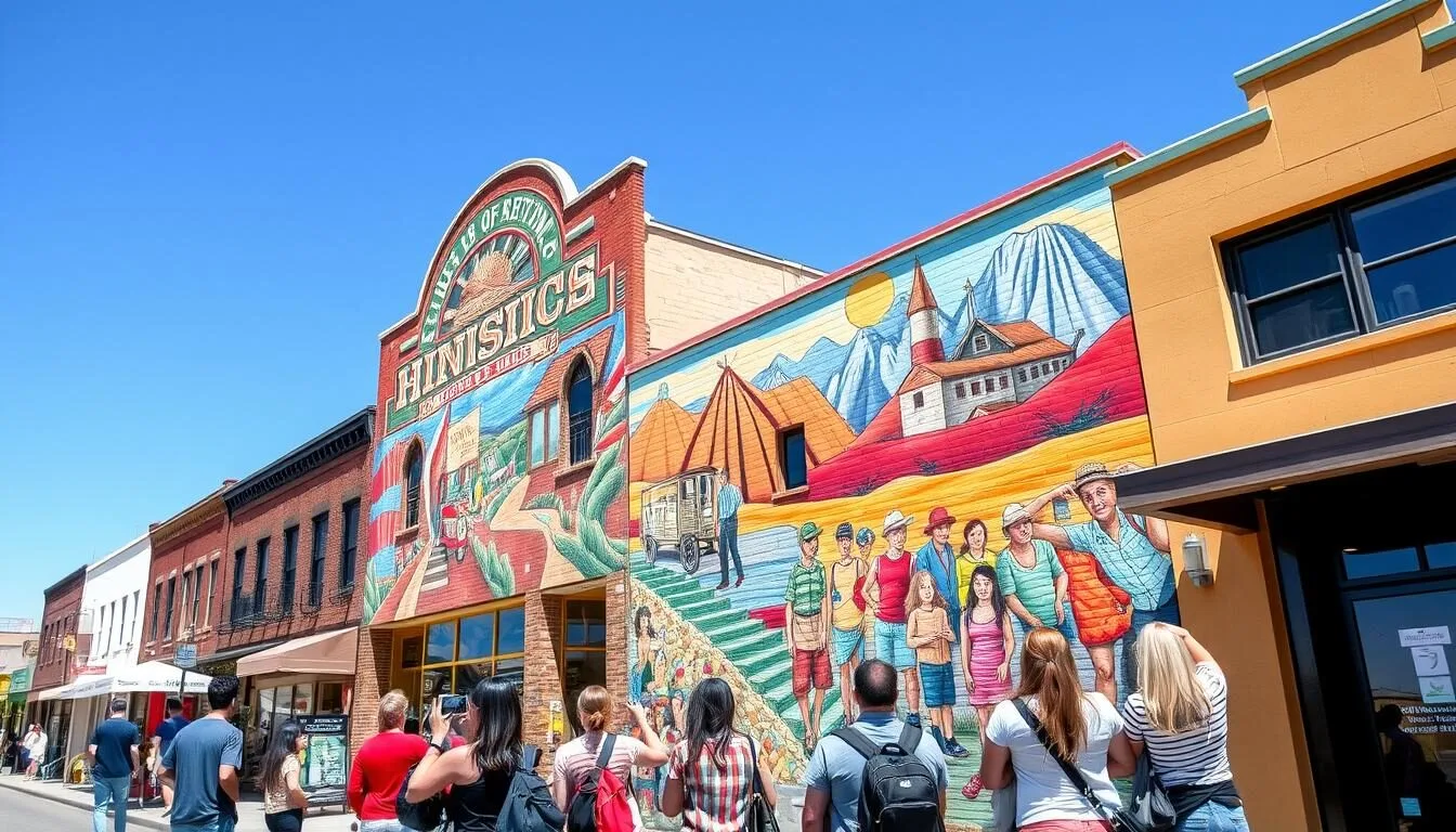 Colorful mural depicting the history of Ely Nevada with diverse tourists admiring the artwork on a sunny day
