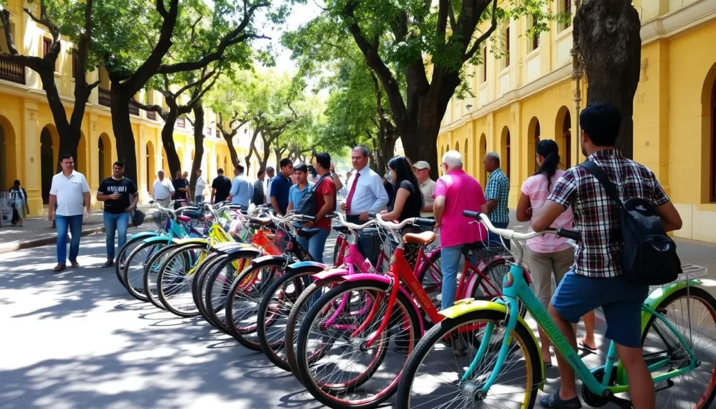 Colorful rental bicycles parked along a tree-lined street in Puducherry's French Quarter