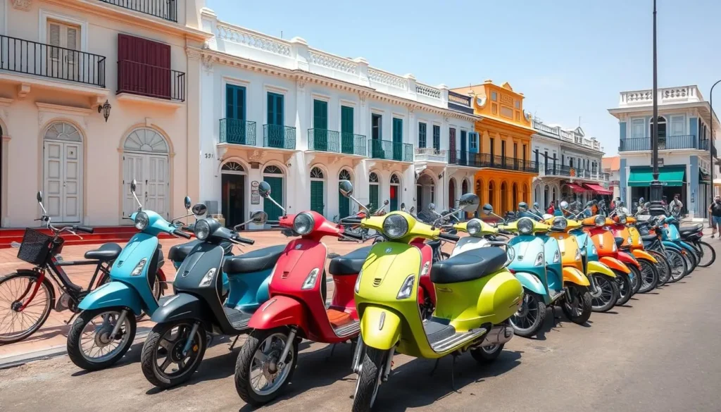 Colorful rental scooters parked in White Town, Pondicherry with French colonial buildings in background
