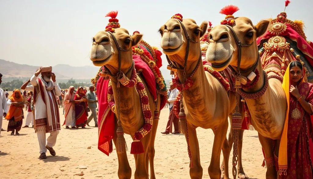 Colorful scene from the Pushkar Camel Fair with decorated camels, traditional Rajasthani performers, and festive atmosphere