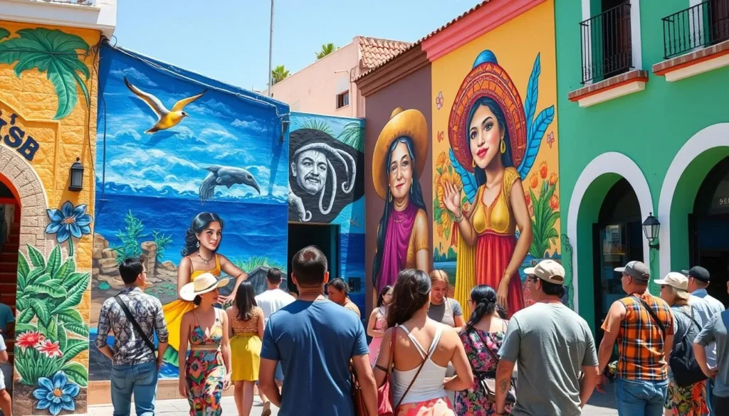 Colorful street art and murals in Puerto Vallarta showing Mexican cultural themes and traditions with tourists admiring the artwork