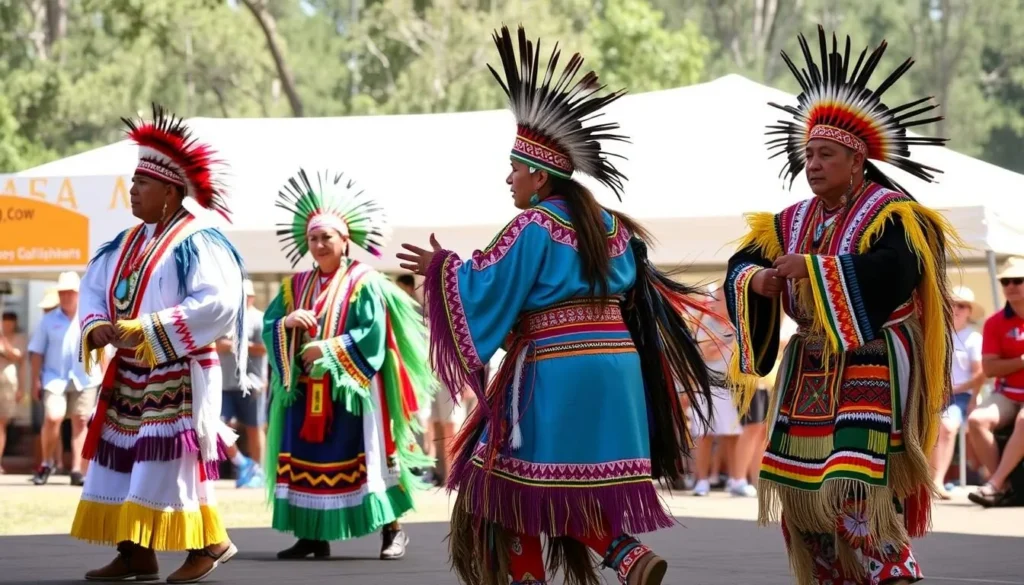Colorful traditional dancers performing at the Choctaw-Apache Pow Wow in Sabine Uplift, Louisiana