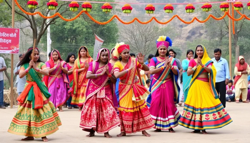 Colorful tribal festival celebration in Raipur with traditional dancers and music Colorful tribal festival celebration in Raipur with traditional dancers and music